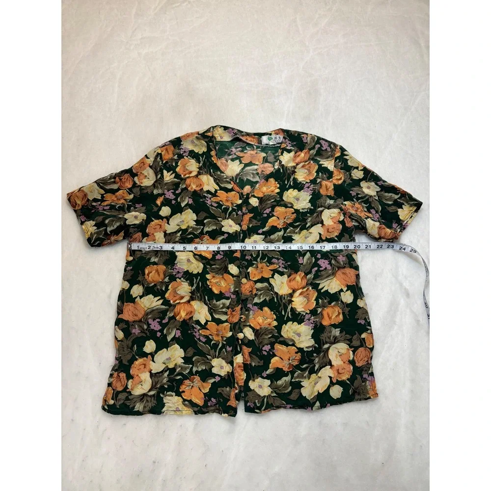 Vintage Silk‎ Floral Button Up Short Sleeve Blouse Green Orange Yellow - Picture 6 of 9
